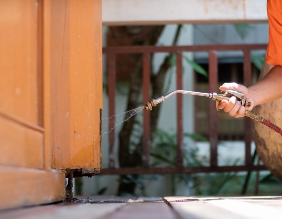 A man in an orange shirt is spraying water on a wooden door, showcasing a home pest control service based in Tampa, FL.